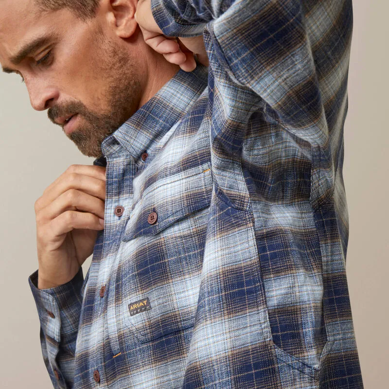 ARIAT MENS REBAR FLANNEL DURA STRETCH BLUE KHAKI PLAID