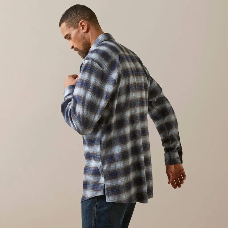 ARIAT MENS REBAR FLANNEL DURA STRETCH BLUE KHAKI PLAID