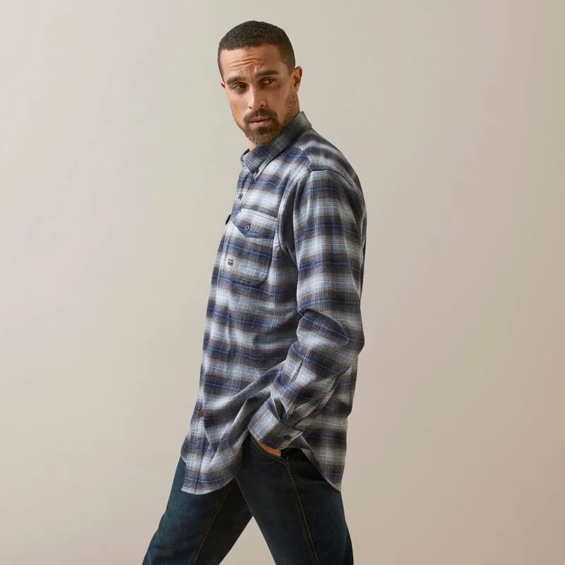 ARIAT MENS REBAR FLANNEL DURA STRETCH BLUE KHAKI PLAID