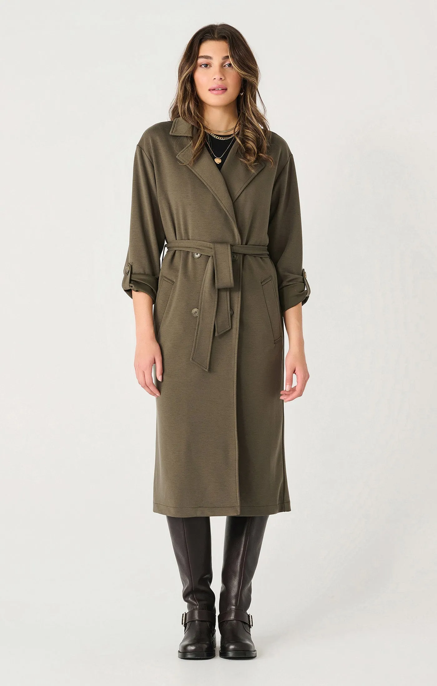 Double Breasted Knit Trench - Deep Olive