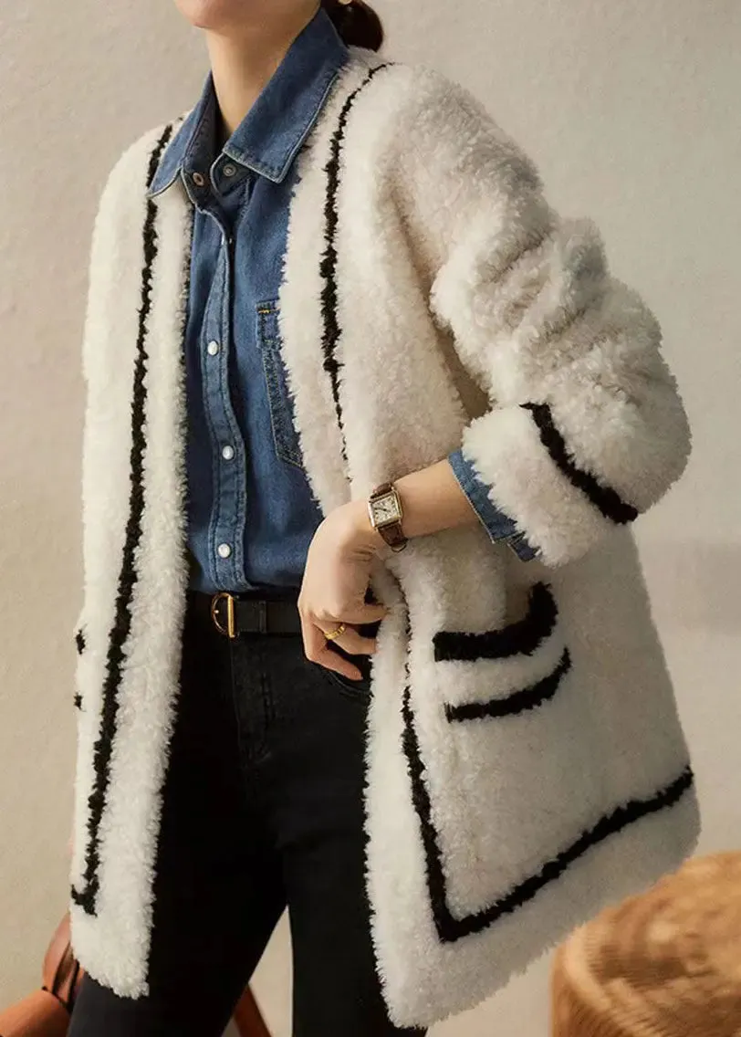 French White V Neck Pockets Patchwork Wool Coats Winter ML1165