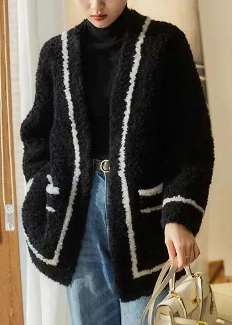 French White V Neck Pockets Patchwork Wool Coats Winter ML1165