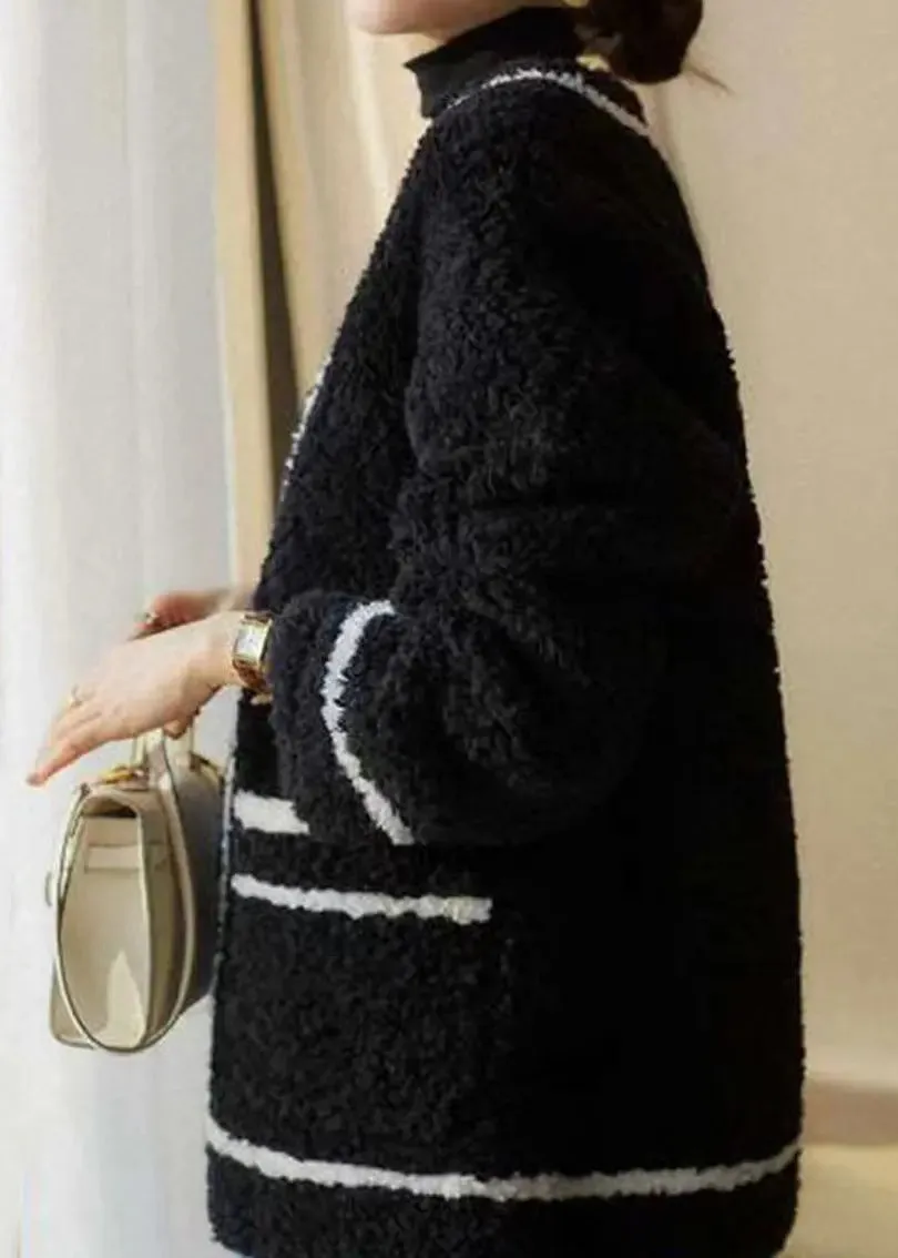 French White V Neck Pockets Patchwork Wool Coats Winter ML1165