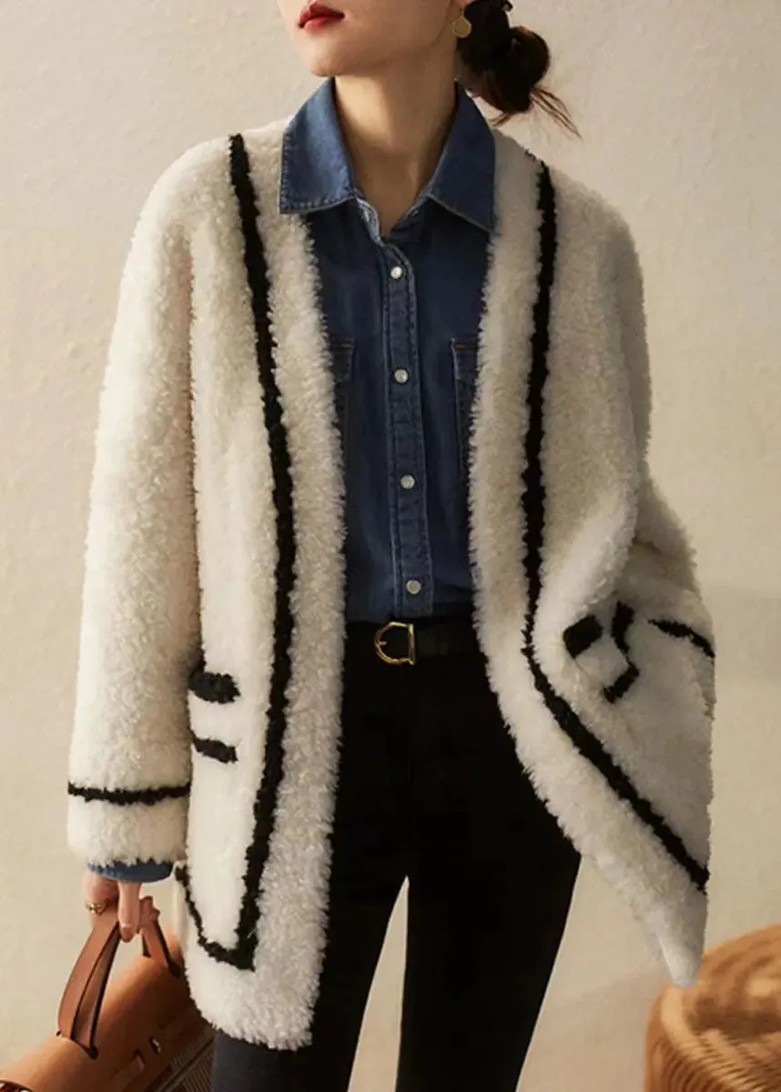 French White V Neck Pockets Patchwork Wool Coats Winter ML1165