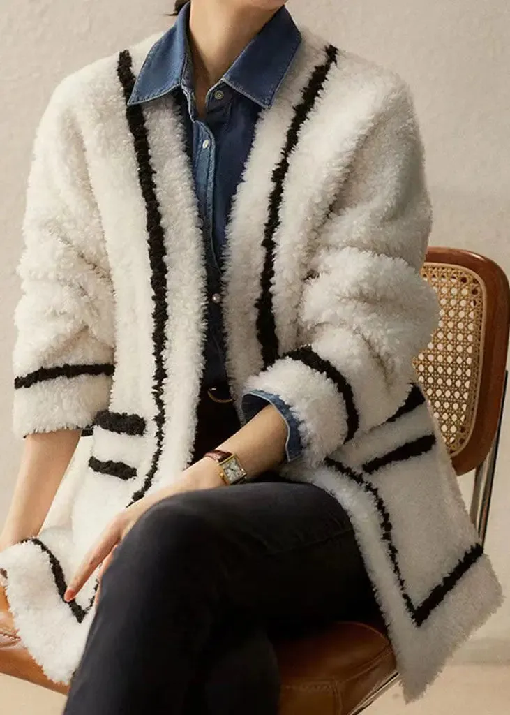 French White V Neck Pockets Patchwork Wool Coats Winter ML1165