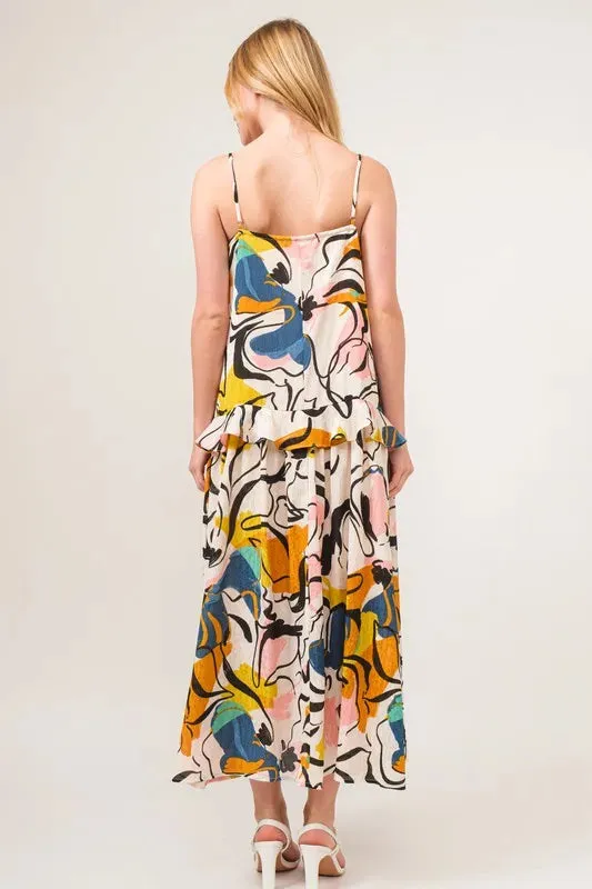 Multicolor Abstract Floral Ruffle Cami Midi Dress – Artistic Summer Statement