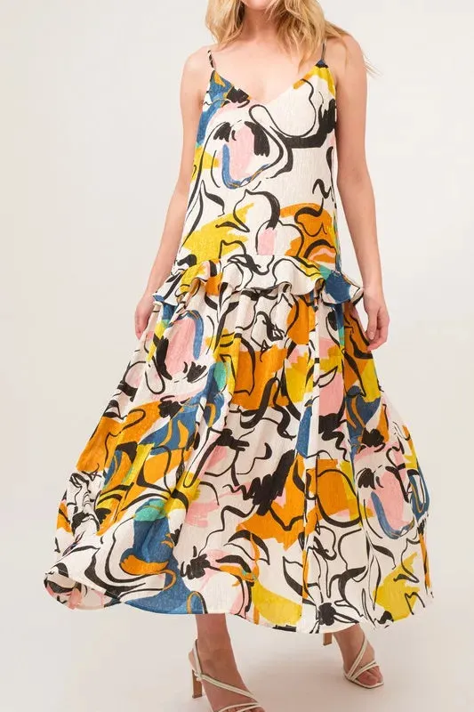 Multicolor Abstract Floral Ruffle Cami Midi Dress – Artistic Summer Statement