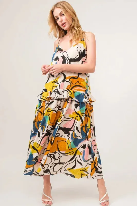 Multicolor Abstract Floral Ruffle Cami Midi Dress – Artistic Summer Statement