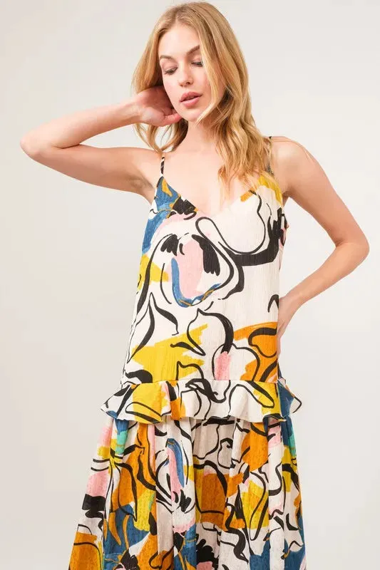 Multicolor Abstract Floral Ruffle Cami Midi Dress – Artistic Summer Statement