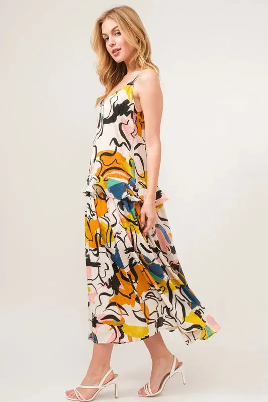 Multicolor Abstract Floral Ruffle Cami Midi Dress – Artistic Summer Statement