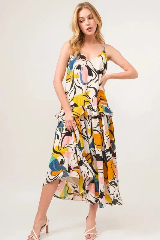Multicolor Abstract Floral Ruffle Cami Midi Dress – Artistic Summer Statement