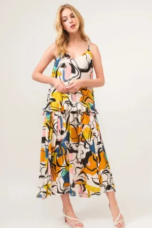 Multicolor Abstract Floral Ruffle Cami Midi Dress – Artistic Summer Statement