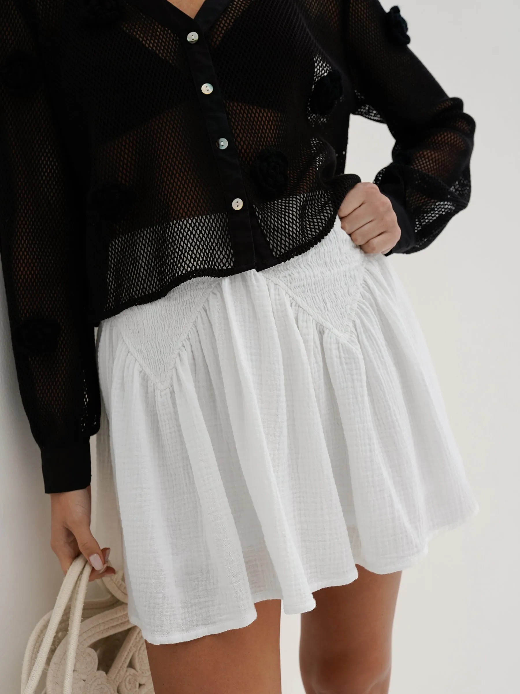 Naomi Cotton Skort With Smocking | White