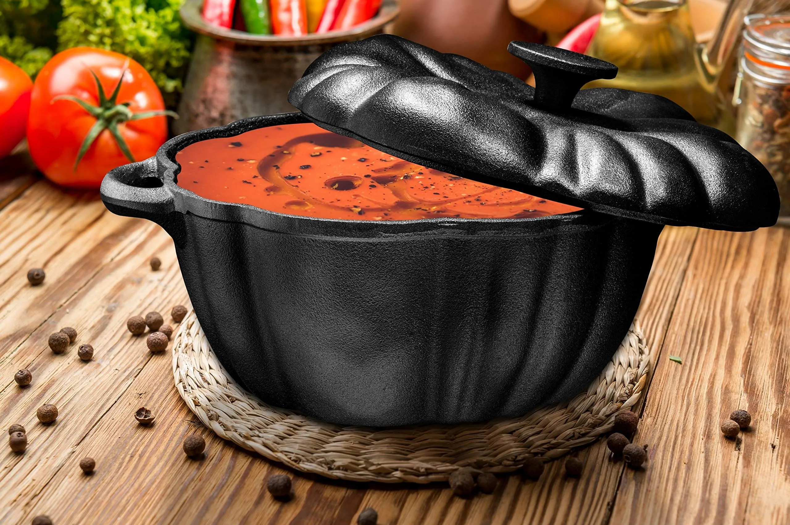 Pre-Seasoned Cast Iron 4 Quart Pumpkin Soup Pot - Perfect Casserole For Oven-to-Table