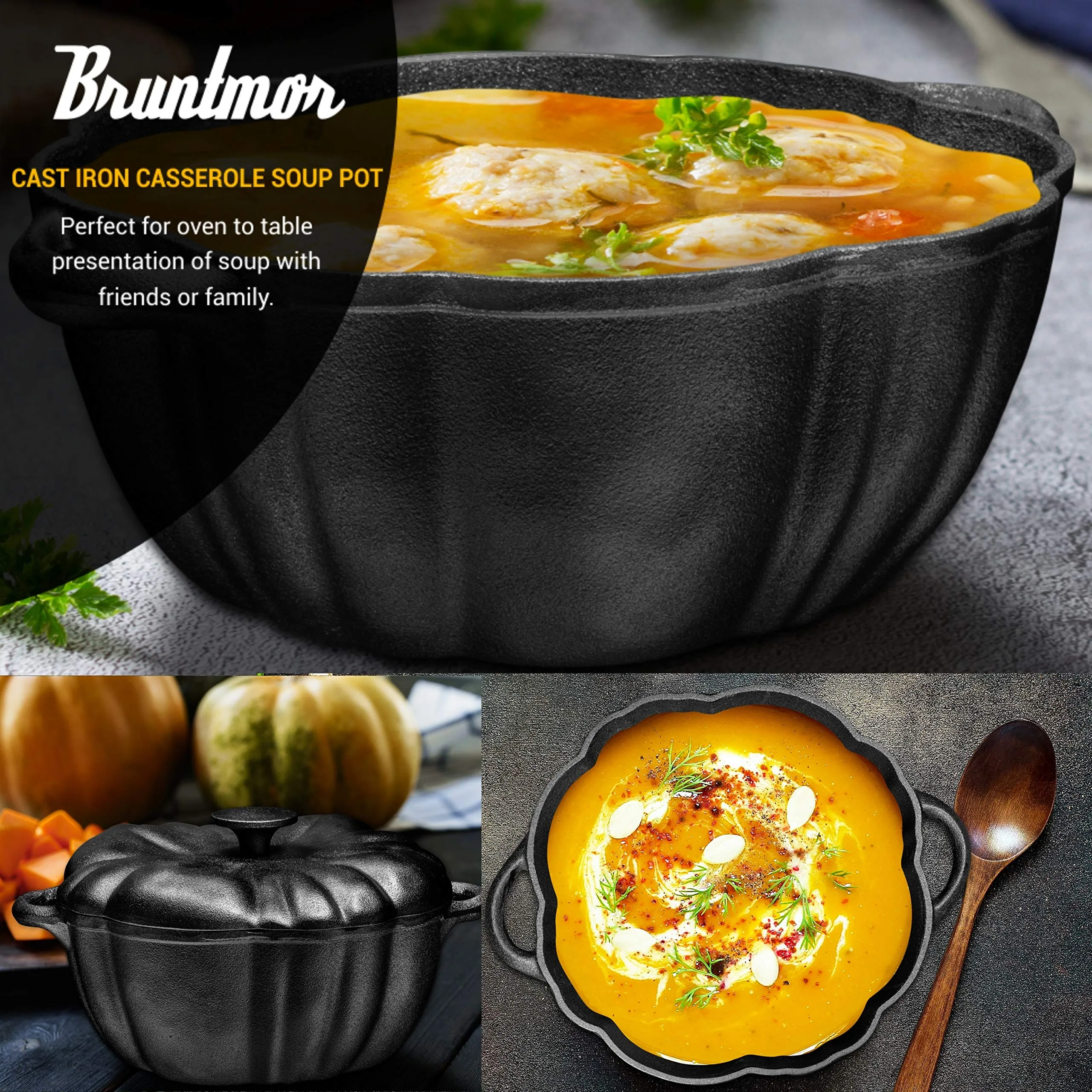 Pre-Seasoned Cast Iron 4 Quart Pumpkin Soup Pot - Perfect Casserole For Oven-to-Table