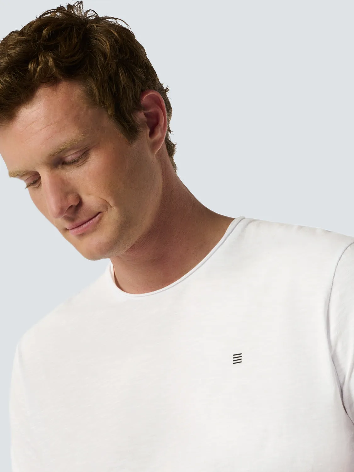 Round Neck T-Shirt with Rolled Sleeve Cuffs and Subtle Logo Print | White