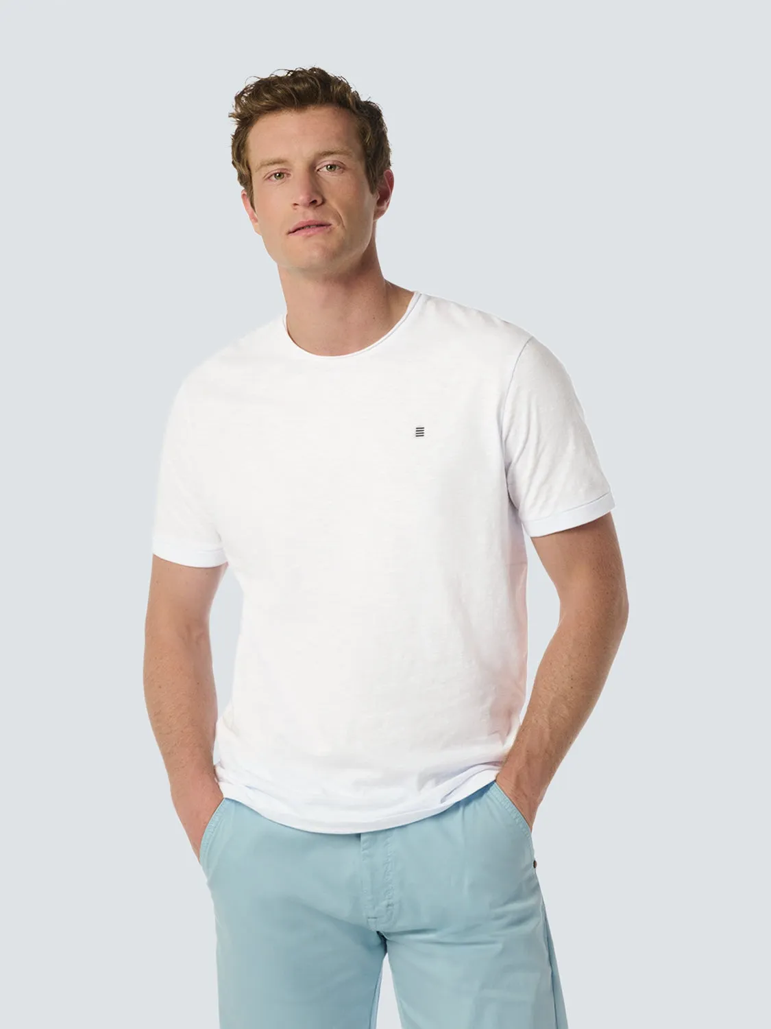 Round Neck T-Shirt with Rolled Sleeve Cuffs and Subtle Logo Print | White